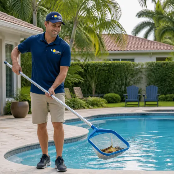Technician skimming a pool